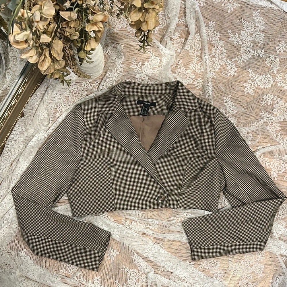 Stylish Brown Houndstooth Cropped Women's Blazer